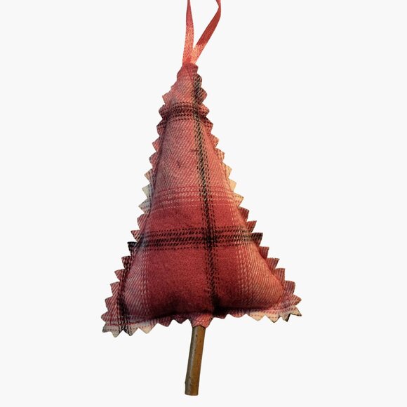 Plaid Christmas Tree Ornament Red Black Fabric Ribbon Hanger Rustic Cabin - Picture 2 of 3